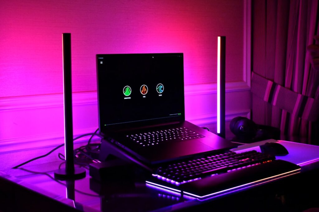 cloud gaming future entertainment — gamer headset neon room streaming