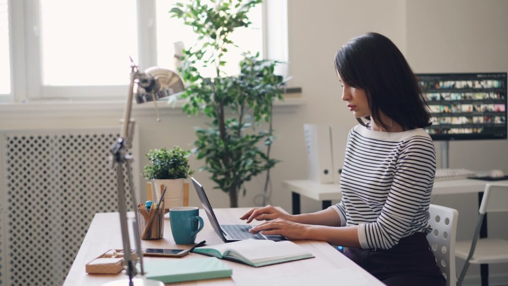 mindful productivity new success — calm professional focused workspace morning