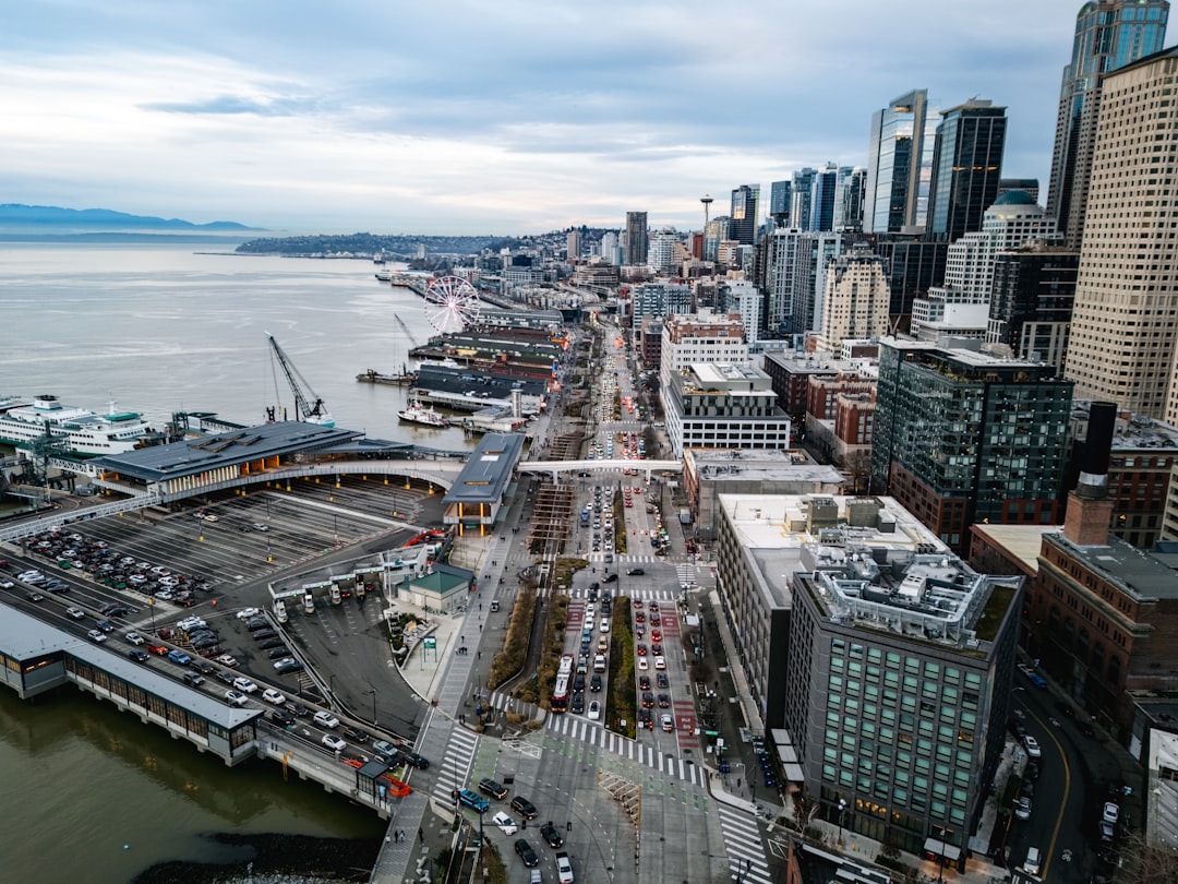 electric ferries momentum coastal — aerial view of downtown waterfront with ferries at dock